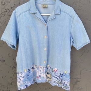 Vintage Teddi Hawaiian Denim Blouse w/ Coastal Fabric Detail Short Sleeve-Stain
